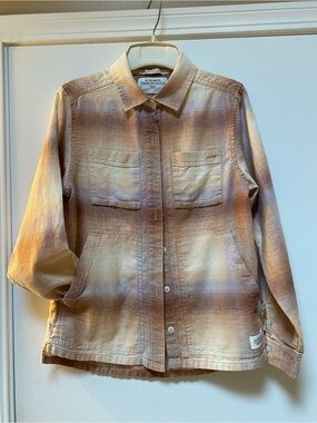 REI Woven Plaid Button-Front shirt jacket in Faded Brown, gray, cream and rose.